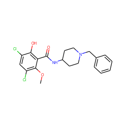 COc1c(Cl)cc(Cl)c(O)c1C(=O)NC1CCN(Cc2ccccc2)CC1 ZINC000013820629