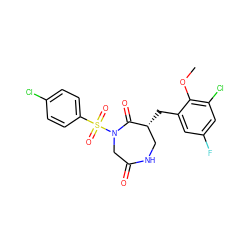 COc1c(Cl)cc(F)cc1C[C@@H]1CNC(=O)CN(S(=O)(=O)c2ccc(Cl)cc2)C1=O ZINC000028894449