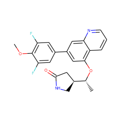 COc1c(F)cc(-c2cc(O[C@H](C)[C@H]3CNC(=O)C3)c3cccnc3c2)cc1F ZINC000147809652