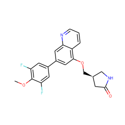 COc1c(F)cc(-c2cc(OC[C@H]3CNC(=O)C3)c3cccnc3c2)cc1F ZINC000147809450