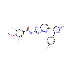 COc1c(F)cc(C(=O)Nc2cn3nc(-c4cn(C)nc4-c4ccc(F)cc4)ccc3n2)cc1F ZINC001772629358