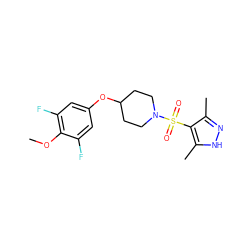 COc1c(F)cc(OC2CCN(S(=O)(=O)c3c(C)n[nH]c3C)CC2)cc1F ZINC000207239323