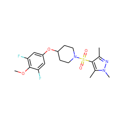 COc1c(F)cc(OC2CCN(S(=O)(=O)c3c(C)nn(C)c3C)CC2)cc1F ZINC000207239441