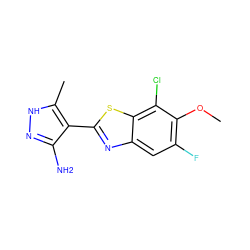 COc1c(F)cc2nc(-c3c(N)n[nH]c3C)sc2c1Cl ZINC000114399430