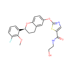 COc1c(F)cccc1[C@@H]1CCc2cc(Oc3ncc(C(=O)NCCO)s3)ccc2O1 ZINC000169710772