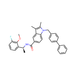 COc1c(F)cccc1[C@H](C)NC(=O)c1ccc2c(c1)c(C)c(C)n2Cc1ccc(-c2ccccc2)cc1 ZINC000207188533