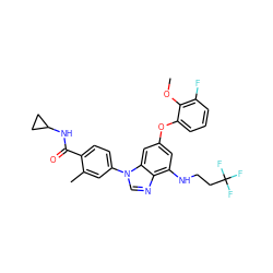 COc1c(F)cccc1Oc1cc(NCCC(F)(F)F)c2ncn(-c3ccc(C(=O)NC4CC4)c(C)c3)c2c1 ZINC000147701124