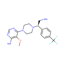 COc1c(N)ncnc1N1CCN([C@@H](CN)c2ccc(C(F)(F)F)cc2)CC1 ZINC000218673111