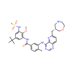 COc1c(NC(=O)c2ccc(C)c(Nc3ncnc4ccc(C[C@@H]5CNCCOC5)nc34)c2)cc(C(C)(C)C)cc1NS(C)(=O)=O ZINC000165026906