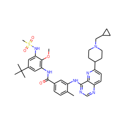 COc1c(NC(=O)c2ccc(C)c(Nc3ncnc4ccc(C5CCN(CC6CC6)CC5)nc34)c2)cc(C(C)(C)C)cc1NS(C)(=O)=O ZINC000096175750
