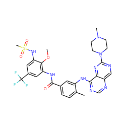 COc1c(NC(=O)c2ccc(C)c(Nc3ncnc4cnc(N5CCN(C)CC5)nc34)c2)cc(C(F)(F)F)cc1NS(C)(=O)=O ZINC000165271026