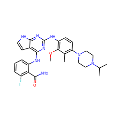 COc1c(Nc2nc(Nc3cccc(F)c3C(N)=O)c3cc[nH]c3n2)ccc(N2CCN(C(C)C)CC2)c1C ZINC000053194069