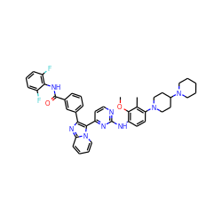 COc1c(Nc2nccc(-c3c(-c4cccc(C(=O)Nc5c(F)cccc5F)c4)nc4ccccn34)n2)ccc(N2CCC(N3CCCCC3)CC2)c1C ZINC000165062523