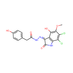 COc1c(O)c2c(c(Cl)c1Cl)NC(=O)/C2=N\NC(=O)Cc1ccc(O)cc1 ZINC000072178780