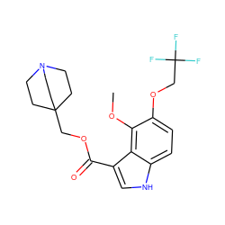 COc1c(OCC(F)(F)F)ccc2[nH]cc(C(=O)OCC34CCN(CC3)CC4)c12 ZINC001772593922