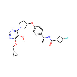 COc1c(OCC2CC2)ncnc1N1CC[C@@H](Oc2ccc([C@H](C)NC(=O)C3CC(F)C3)cc2)C1 ZINC000261134870