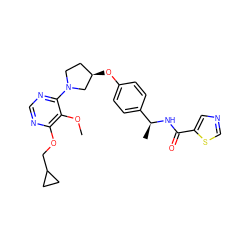 COc1c(OCC2CC2)ncnc1N1CC[C@@H](Oc2ccc([C@H](C)NC(=O)c3cncs3)cc2)C1 ZINC000261173093