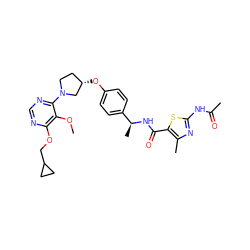 COc1c(OCC2CC2)ncnc1N1CC[C@H](Oc2ccc([C@H](C)NC(=O)c3sc(NC(C)=O)nc3C)cc2)C1 ZINC000261086111