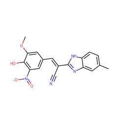 COc1cc(/C=C(\C#N)c2nc3cc(C)ccc3[nH]2)cc([N+](=O)[O-])c1O ZINC000013554711