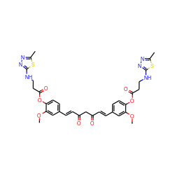 COc1cc(/C=C/C(=O)CC(=O)/C=C/c2ccc(OC(=O)CCNc3nnc(C)s3)c(OC)c2)ccc1OC(=O)CCNc1nnc(C)s1 ZINC000150609499