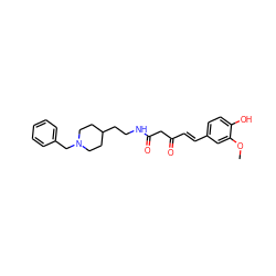 COc1cc(/C=C/C(=O)CC(=O)NCCC2CCN(Cc3ccccc3)CC2)ccc1O ZINC000653889489