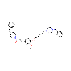 COc1cc(/C=C/C(=O)N2CCC(Cc3ccccc3)CC2)ccc1OCCCCCN1CCN(Cc2ccccc2)CC1 ZINC001772607485