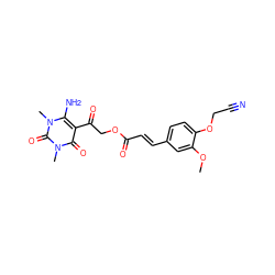 COc1cc(/C=C/C(=O)OCC(=O)c2c(N)n(C)c(=O)n(C)c2=O)ccc1OCC#N ZINC000003360495