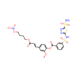 COc1cc(/C=C/C(=O)OCCCCO[N+](=O)[O-])ccc1OC(=O)c1cccc(S(=O)(=O)Nc2nnc(S(N)(=O)=O)s2)c1 ZINC000072133997