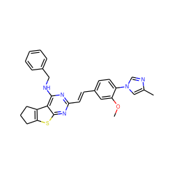 COc1cc(/C=C/c2nc(NCc3ccccc3)c3c4c(sc3n2)CCC4)ccc1-n1cnc(C)c1 ZINC000066263445