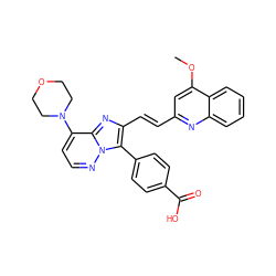 COc1cc(/C=C/c2nc3c(N4CCOCC4)ccnn3c2-c2ccc(C(=O)O)cc2)nc2ccccc12 ZINC001772603297