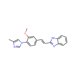 COc1cc(/C=C/c2nc3ccccc3[nH]2)ccc1-n1cnc(C)c1 ZINC000043197796