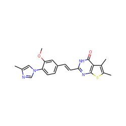 COc1cc(/C=C/c2nc3sc(C)c(C)c3c(=O)[nH]2)ccc1-n1cnc(C)c1 ZINC000066251336