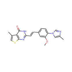 COc1cc(/C=C/c2nc3scc(C)c3c(=O)[nH]2)ccc1-n1cnc(C)c1 ZINC000066251482