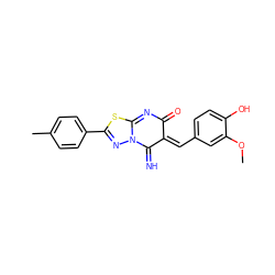 COc1cc(/C=C2/C(=N)N3N=C(c4ccc(C)cc4)SC3=NC2=O)ccc1O ZINC000001175802