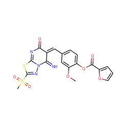 COc1cc(/C=C2\C(=N)N3N=C(S(C)(=O)=O)SC3=NC2=O)ccc1OC(=O)c1ccco1 ZINC000015934960
