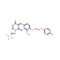 COc1cc(/C=C2\C(=N)N3N=C(S(C)(=O)=O)SC3=NC2=O)ccc1OCCOc1ccc(C)cc1 ZINC000015936105
