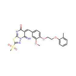 COc1cc(/C=C2\C(=N)N3N=C(S(C)(=O)=O)SC3=NC2=O)ccc1OCCOc1ccccc1C ZINC000015935490