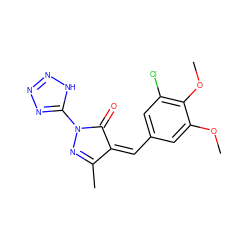 COc1cc(/C=C2\C(=O)N(c3nnn[nH]3)N=C2C)cc(Cl)c1OC ZINC000026441044