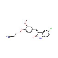 COc1cc(/C=C2\C(=O)Nc3ccc(Cl)cc32)ccc1OCCCC#N ZINC000095563058