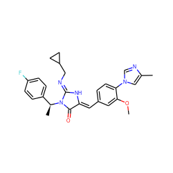 COc1cc(/C=C2\N/C(=N\CC3CC3)N([C@@H](C)c3ccc(F)cc3)C2=O)ccc1-n1cnc(C)c1 ZINC000058591876