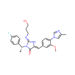 COc1cc(/C=C2\N/C(=N\CCCO)N([C@H](C)c3ccc(F)cc3)C2=O)ccc1-n1cnc(C)c1 ZINC000058583416