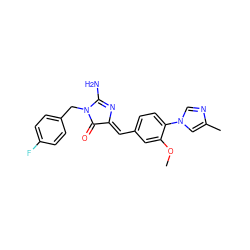 COc1cc(/C=C2\N=C(N)N(Cc3ccc(F)cc3)C2=O)ccc1-n1cnc(C)c1 ZINC000058592312