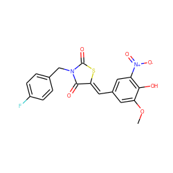 COc1cc(/C=C2\SC(=O)N(Cc3ccc(F)cc3)C2=O)cc([N+](=O)[O-])c1O ZINC000013544852