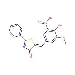 COc1cc(/C=C2\SC(c3ccccc3)=NC2=O)cc([N+](=O)[O-])c1O ZINC000035305169