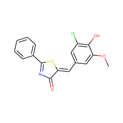 COc1cc(/C=C2\SC(c3ccccc3)=NC2=O)cc(Cl)c1O ZINC000012418339