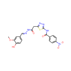 COc1cc(/C=N/NC(=O)Cc2nnc(NC(=O)c3ccc([N+](=O)[O-])cc3)s2)ccc1O ZINC000001920527