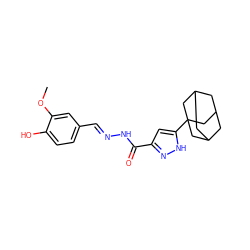 COc1cc(/C=N/NC(=O)c2cc(C34CC5CC(CC(C5)C3)C4)[nH]n2)ccc1O ZINC000006786456