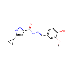 COc1cc(/C=N/NC(=O)c2cc(C3CC3)[nH]n2)ccc1O ZINC000005686992