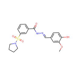 COc1cc(/C=N/NC(=O)c2cccc(S(=O)(=O)N3CCCC3)c2)ccc1O ZINC000003470092