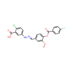 COc1cc(/C=N/Nc2ccc(Cl)c(C(=O)O)c2)ccc1OC(=O)c1ccc(F)cc1 ZINC000012570195
